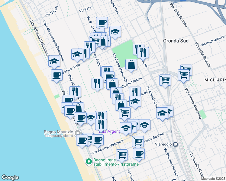 map of restaurants, bars, coffee shops, grocery stores, and more near 3 Via Goffredo Mameli in Viareggio