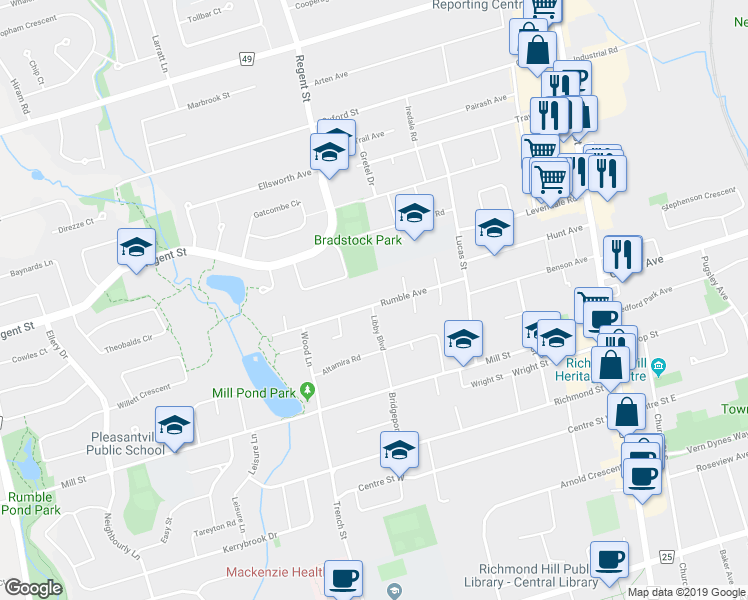 map of restaurants, bars, coffee shops, grocery stores, and more near 201 Rumble Avenue in Richmond Hill