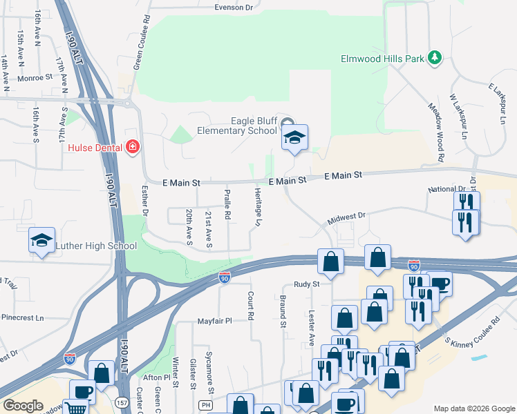 map of restaurants, bars, coffee shops, grocery stores, and more near 113 Heritage Lane in Onalaska