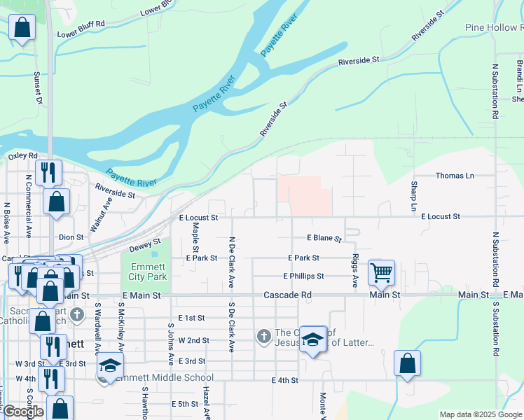 map of restaurants, bars, coffee shops, grocery stores, and more near 1016 East Locust Street in Emmett
