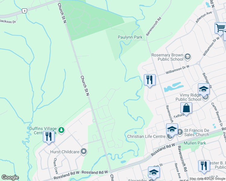 map of restaurants, bars, coffee shops, grocery stores, and more near 45 Cachia Lane in Ajax