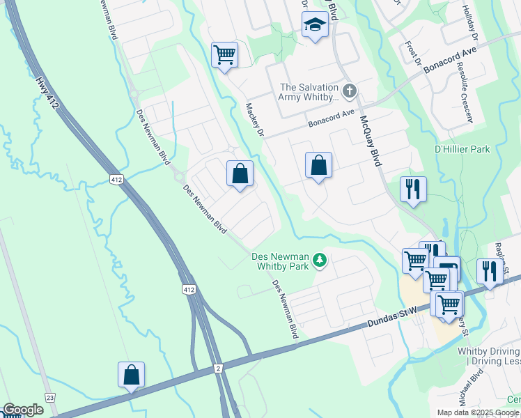 map of restaurants, bars, coffee shops, grocery stores, and more near 58 Westfield Drive in Whitby