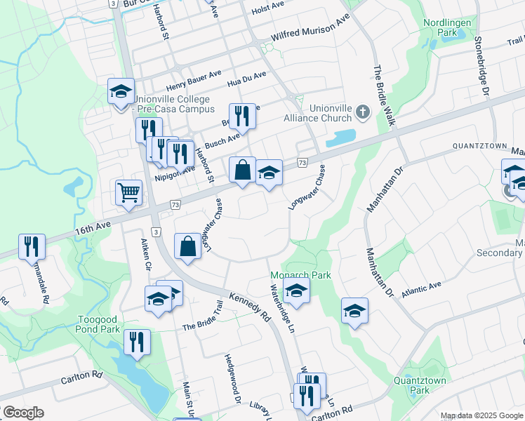 map of restaurants, bars, coffee shops, grocery stores, and more near 26 Ferndell Circle in Markham