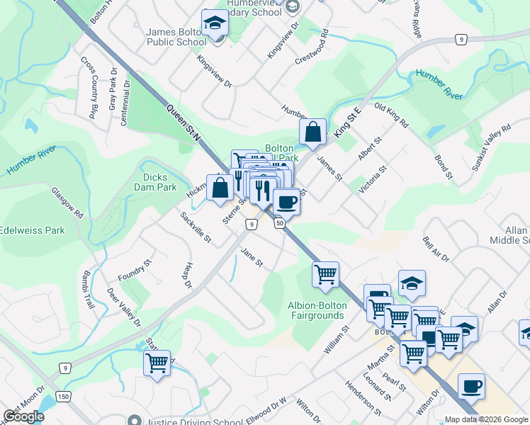map of restaurants, bars, coffee shops, grocery stores, and more near 2 Queen Street South in Caledon
