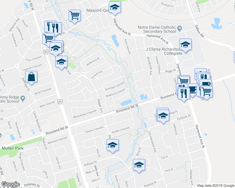 map of restaurants, bars, coffee shops, grocery stores, and more near 44 Bradbury Crescent in Ajax
