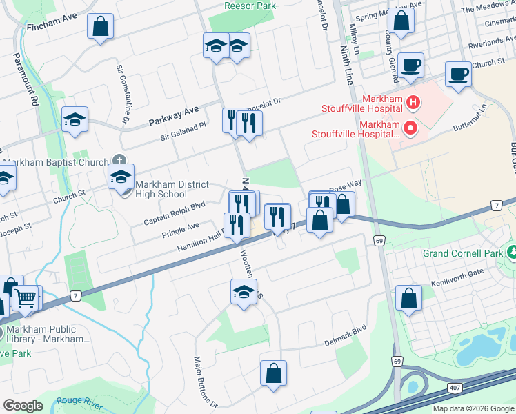 map of restaurants, bars, coffee shops, grocery stores, and more near 22 Lindisfarne Way in Markham