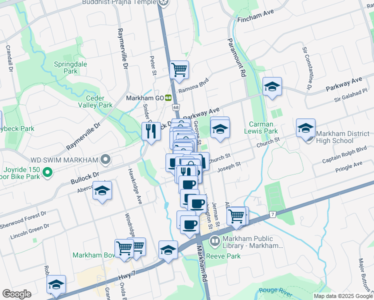 map of restaurants, bars, coffee shops, grocery stores, and more near 145 Main Street Markham North in Markham
