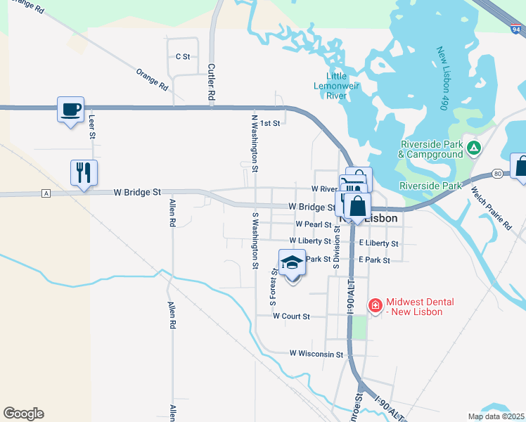 map of restaurants, bars, coffee shops, grocery stores, and more near 517 West Bridge Street in New Lisbon