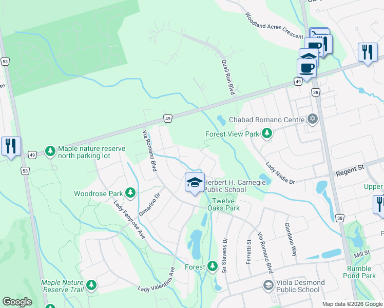 map of restaurants, bars, coffee shops, grocery stores, and more near 24 Aaron Goodbaum Court in Vaughan