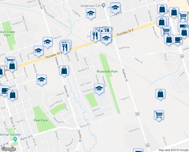 map of restaurants, bars, coffee shops, grocery stores, and more near 320 Dovedale Drive in Whitby