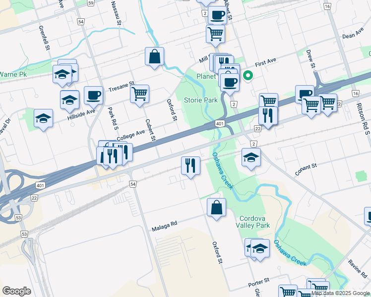 map of restaurants, bars, coffee shops, grocery stores, and more near 134 Bloor Street West in Oshawa
