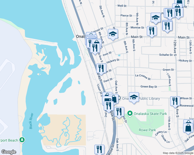 map of restaurants, bars, coffee shops, grocery stores, and more near 410 2nd Avenue South in Onalaska