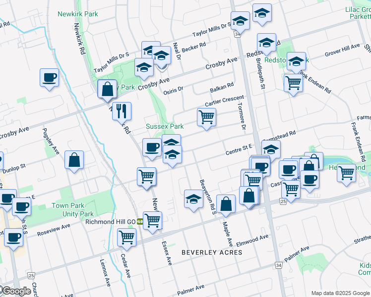map of restaurants, bars, coffee shops, grocery stores, and more near 60 Rockport Crescent in Richmond Hill