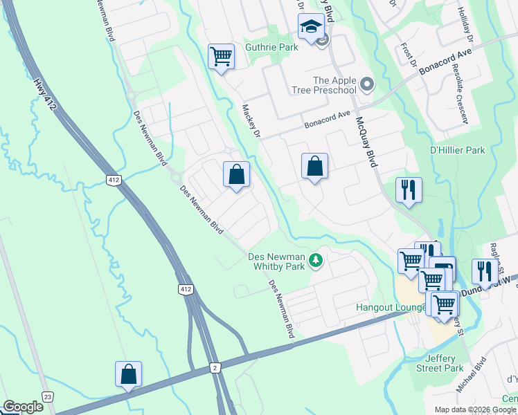 map of restaurants, bars, coffee shops, grocery stores, and more near 58 Westfield Drive in Whitby