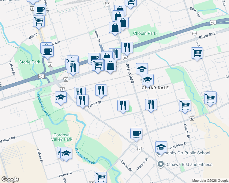 map of restaurants, bars, coffee shops, grocery stores, and more near in Oshawa