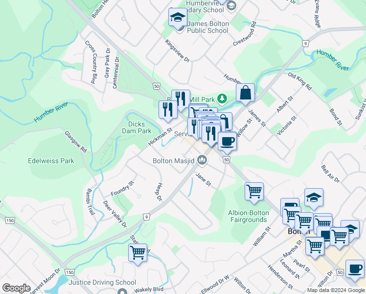 map of restaurants, bars, coffee shops, grocery stores, and more near 50 Ann Street in Bolton