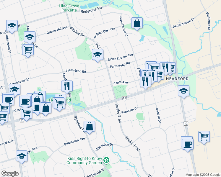 map of restaurants, bars, coffee shops, grocery stores, and more near 24 Yoho Avenue in Richmond Hill