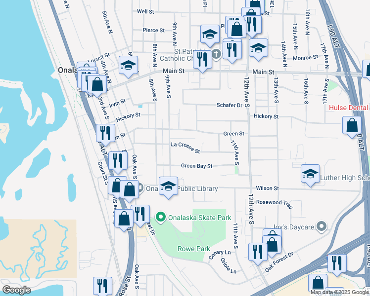 map of restaurants, bars, coffee shops, grocery stores, and more near 936 La Crosse Street in Onalaska
