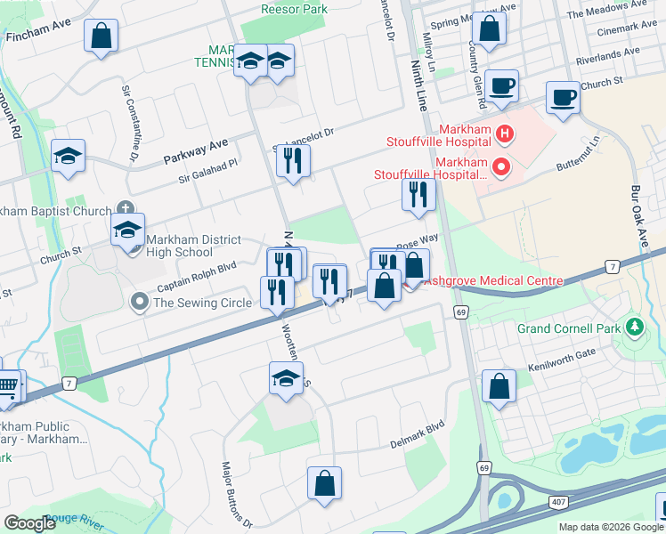 map of restaurants, bars, coffee shops, grocery stores, and more near 60 Camelot Way in Markham