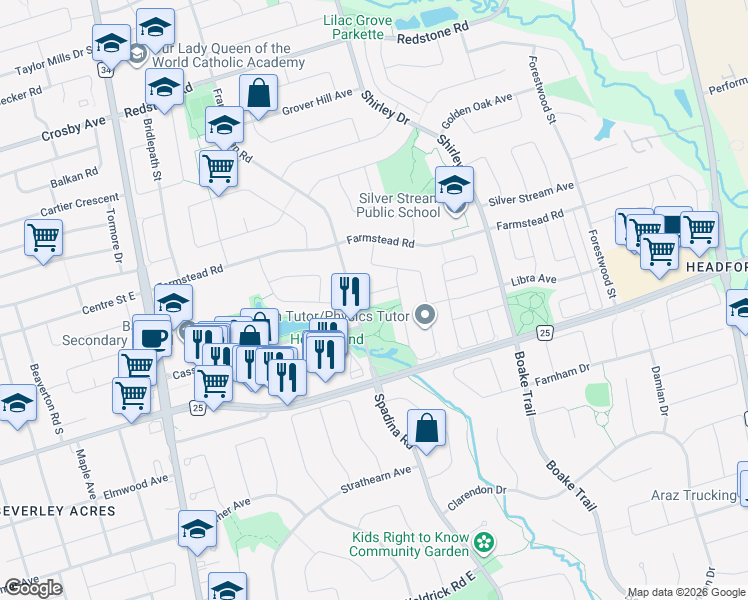 map of restaurants, bars, coffee shops, grocery stores, and more near 91 Rushingbrook Drive in Richmond Hill