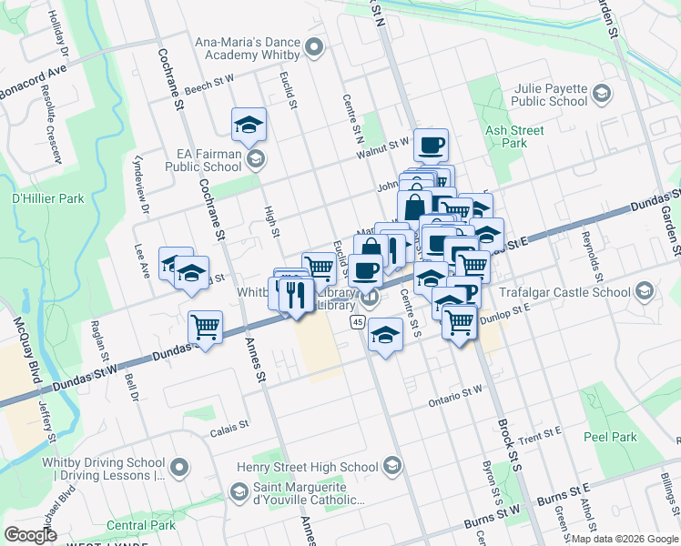 map of restaurants, bars, coffee shops, grocery stores, and more near 110 Euclid Street in Whitby