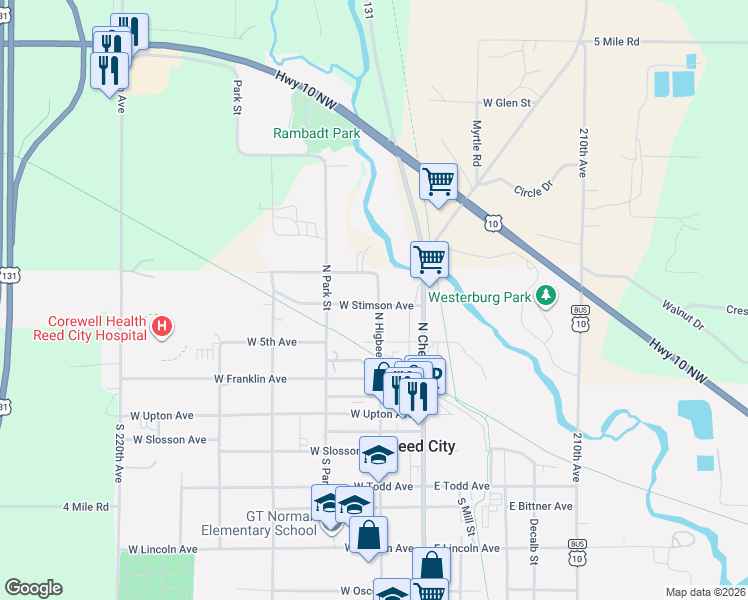map of restaurants, bars, coffee shops, grocery stores, and more near 411 North Higbee Street in Reed City