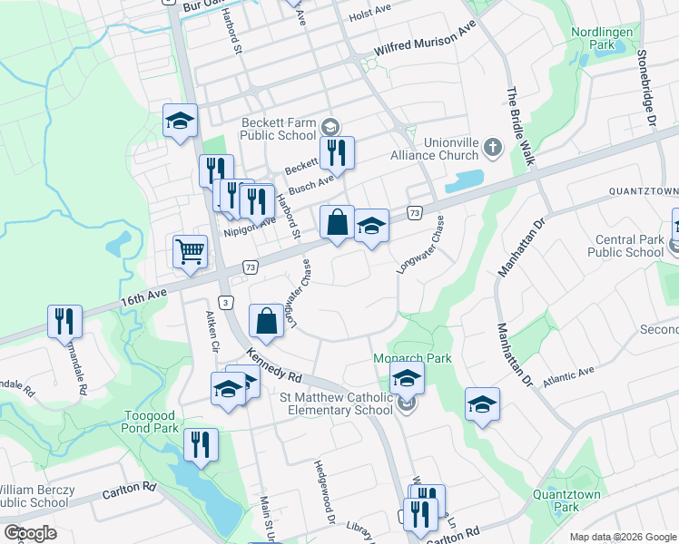 map of restaurants, bars, coffee shops, grocery stores, and more near 82 Ferndell Circle in Markham