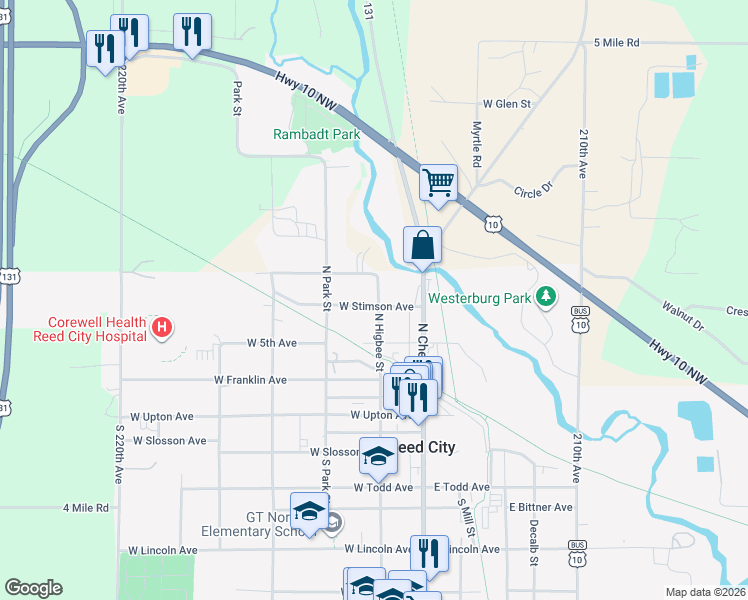 map of restaurants, bars, coffee shops, grocery stores, and more near 411 North Higbee Street in Reed City