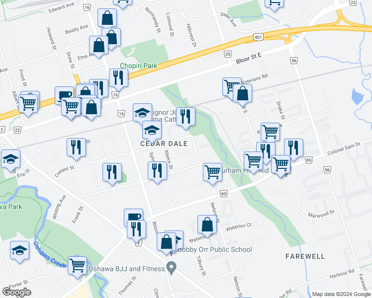 map of restaurants, bars, coffee shops, grocery stores, and more near 380 Sharon Avenue in Oshawa