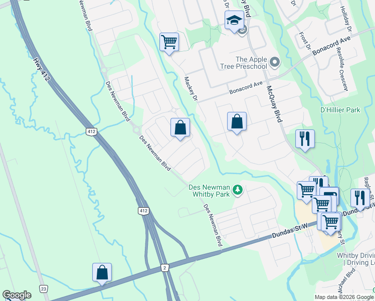 map of restaurants, bars, coffee shops, grocery stores, and more near 65 Westfield Drive in Whitby