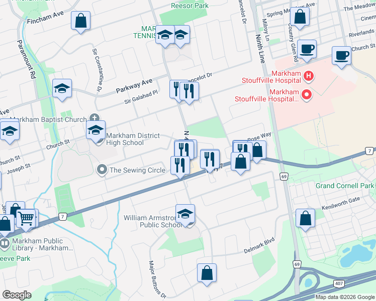 map of restaurants, bars, coffee shops, grocery stores, and more near 8 Camelot Way in Markham