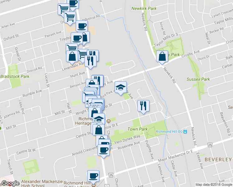 map of restaurants, bars, coffee shops, grocery stores, and more near 74 Bedford Park Avenue in Richmond Hill