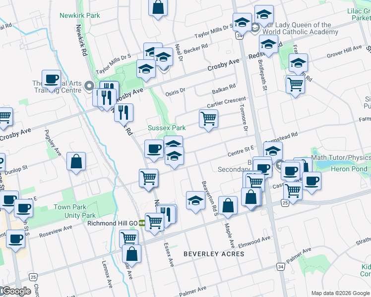 map of restaurants, bars, coffee shops, grocery stores, and more near 58 Rockport Crescent in Richmond Hill
