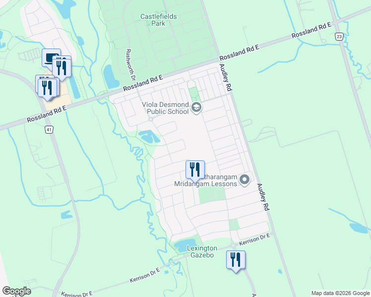 map of restaurants, bars, coffee shops, grocery stores, and more near Skelton Crescent in Ajax