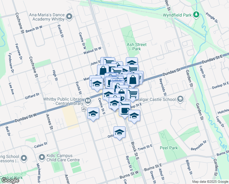 map of restaurants, bars, coffee shops, grocery stores, and more near 101 Dundas Street West in Whitby