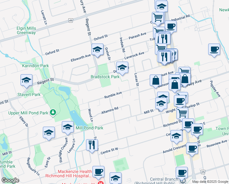 map of restaurants, bars, coffee shops, grocery stores, and more near 201 Rumble Avenue in Richmond Hill