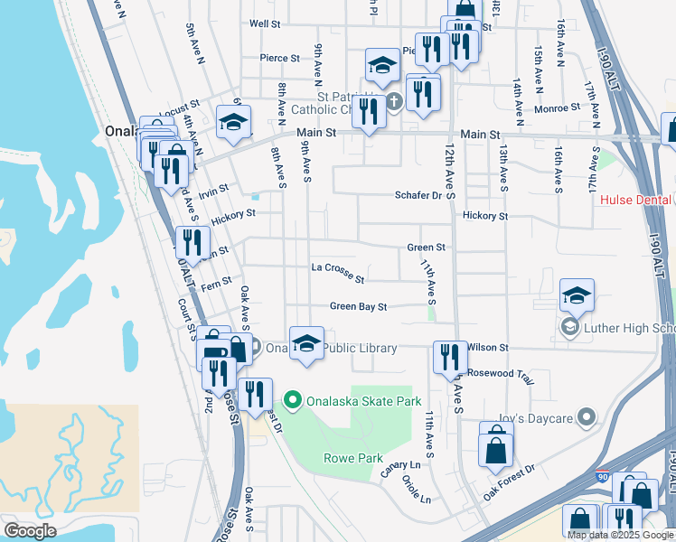 map of restaurants, bars, coffee shops, grocery stores, and more near 936 La Crosse Street in Onalaska