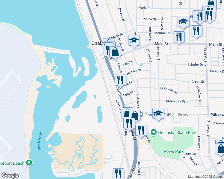 map of restaurants, bars, coffee shops, grocery stores, and more near 410 2nd Avenue South in Onalaska