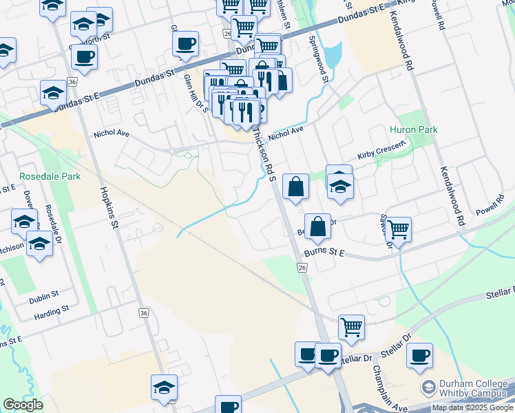 map of restaurants, bars, coffee shops, grocery stores, and more near 16 Long Drive in Whitby