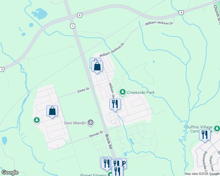 map of restaurants, bars, coffee shops, grocery stores, and more near 2592 William Jackson Drive in Pickering
