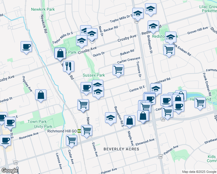 map of restaurants, bars, coffee shops, grocery stores, and more near 64 Rockport Crescent in Richmond Hill