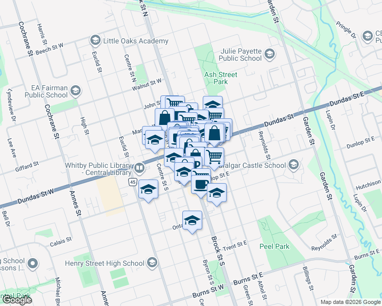 map of restaurants, bars, coffee shops, grocery stores, and more near in Whitby