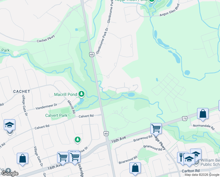 map of restaurants, bars, coffee shops, grocery stores, and more near 11 Berczy Creek Way in Markham