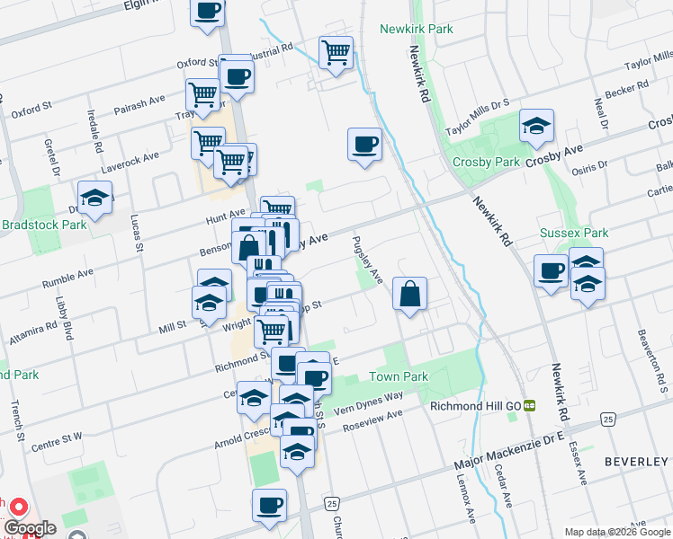 map of restaurants, bars, coffee shops, grocery stores, and more near in Richmond Hill