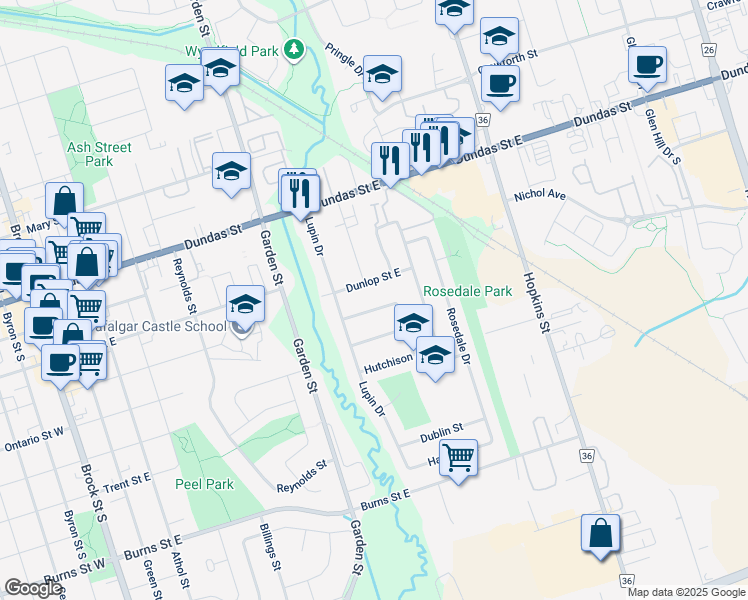 map of restaurants, bars, coffee shops, grocery stores, and more near 916 Crocus Crescent in Whitby