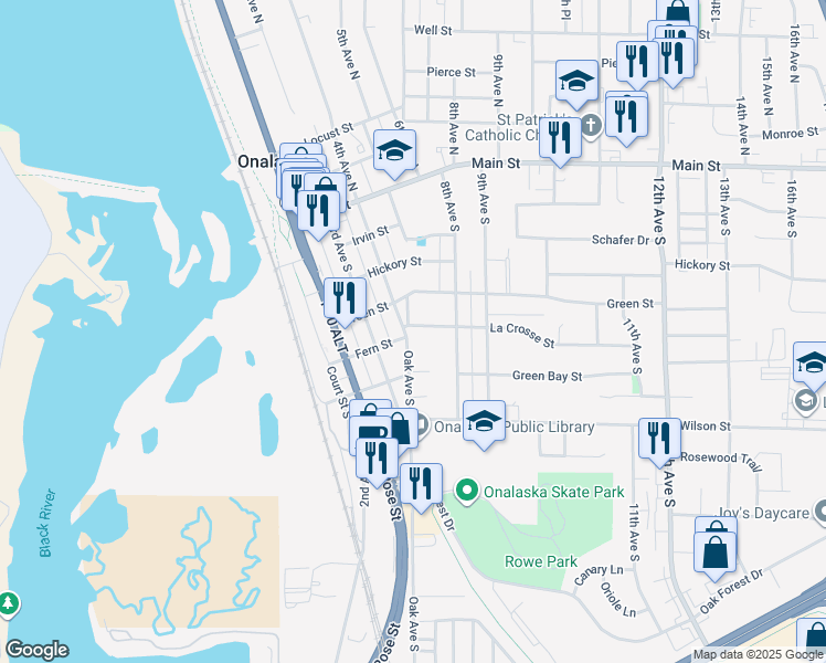 map of restaurants, bars, coffee shops, grocery stores, and more near 505 Oak Avenue South in Onalaska