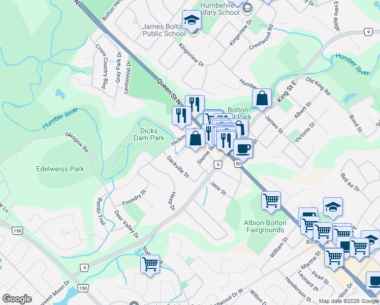 map of restaurants, bars, coffee shops, grocery stores, and more near 50 Ann Street in Bolton