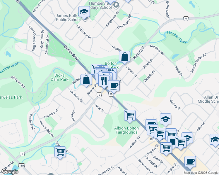 map of restaurants, bars, coffee shops, grocery stores, and more near 18 King Street East in Bolton