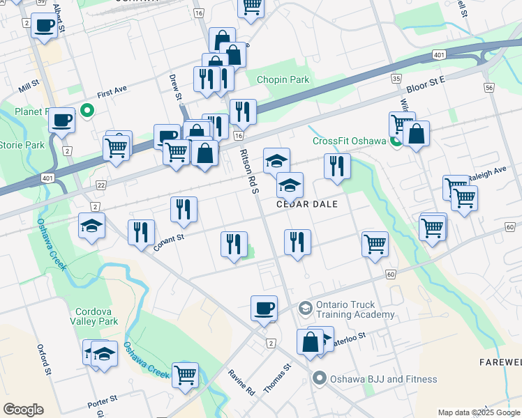 map of restaurants, bars, coffee shops, grocery stores, and more near Ritson Road South in Oshawa