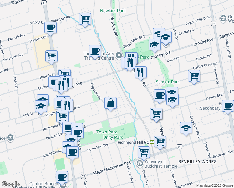 map of restaurants, bars, coffee shops, grocery stores, and more near 59 Belvedere Crescent in Richmond Hill